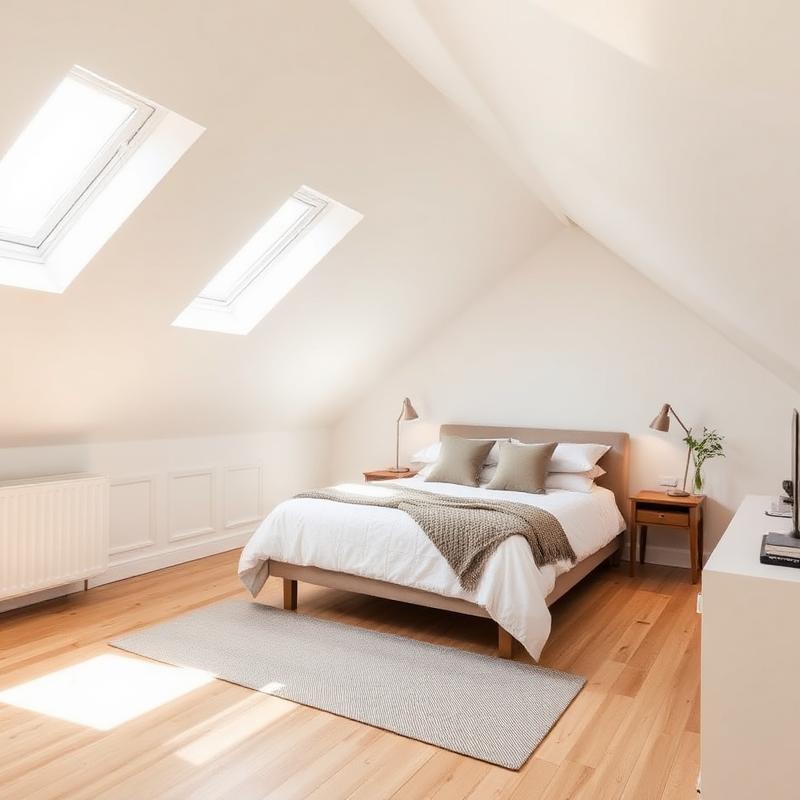 Finished modern attic bedroom with skylights
