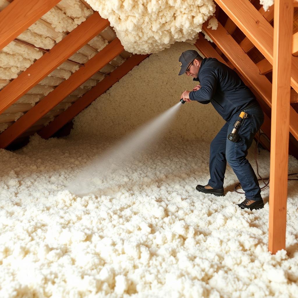 Blown-in cellulose insulation being installed in an attic