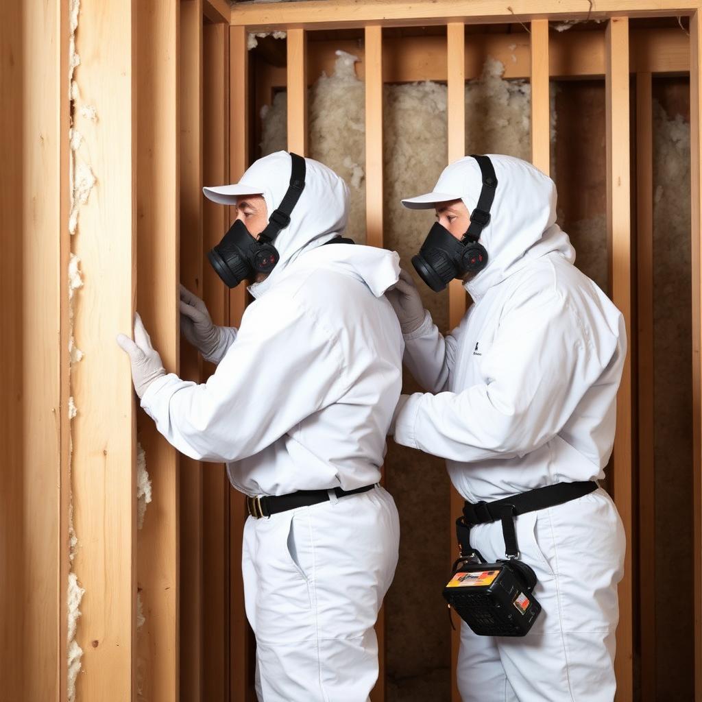 Insulation contractors installing batt insulation between wall studs