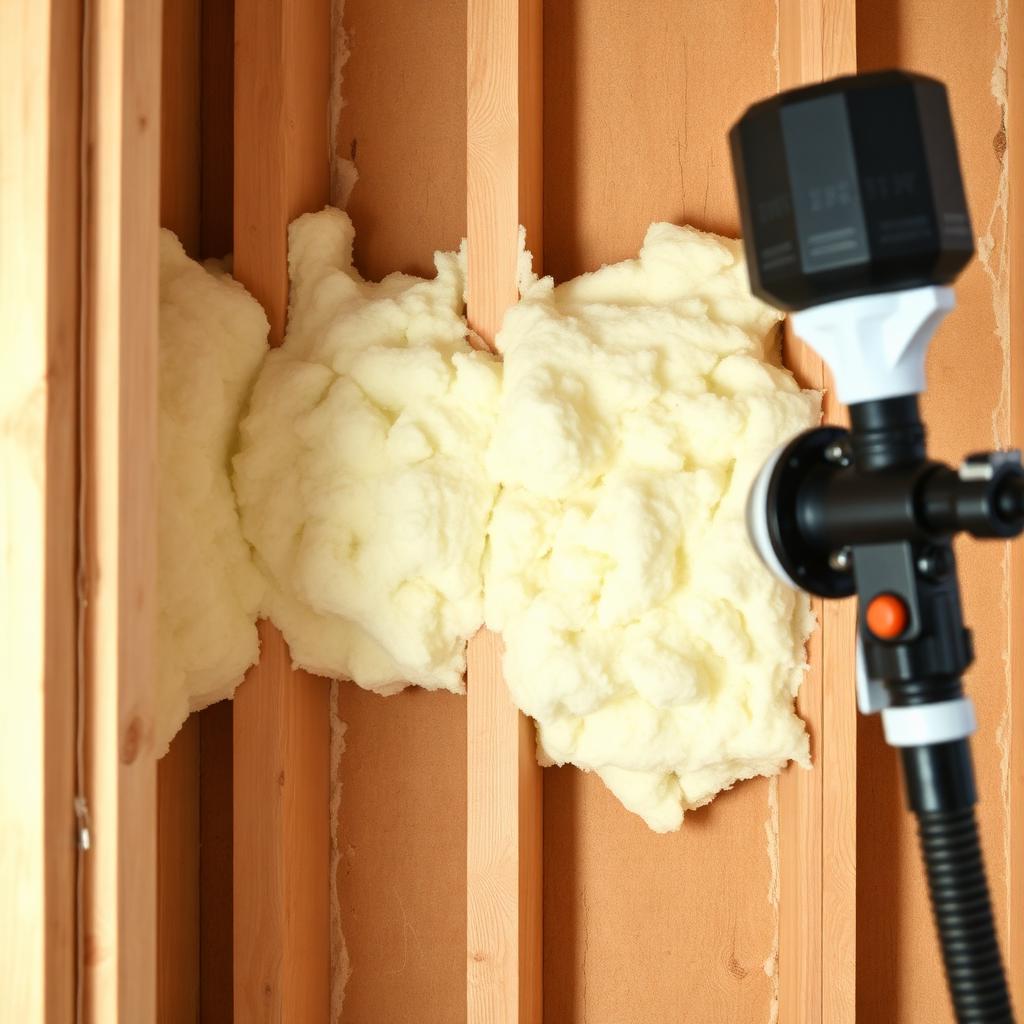 Freshly applied spray foam insulation in a wall cavity