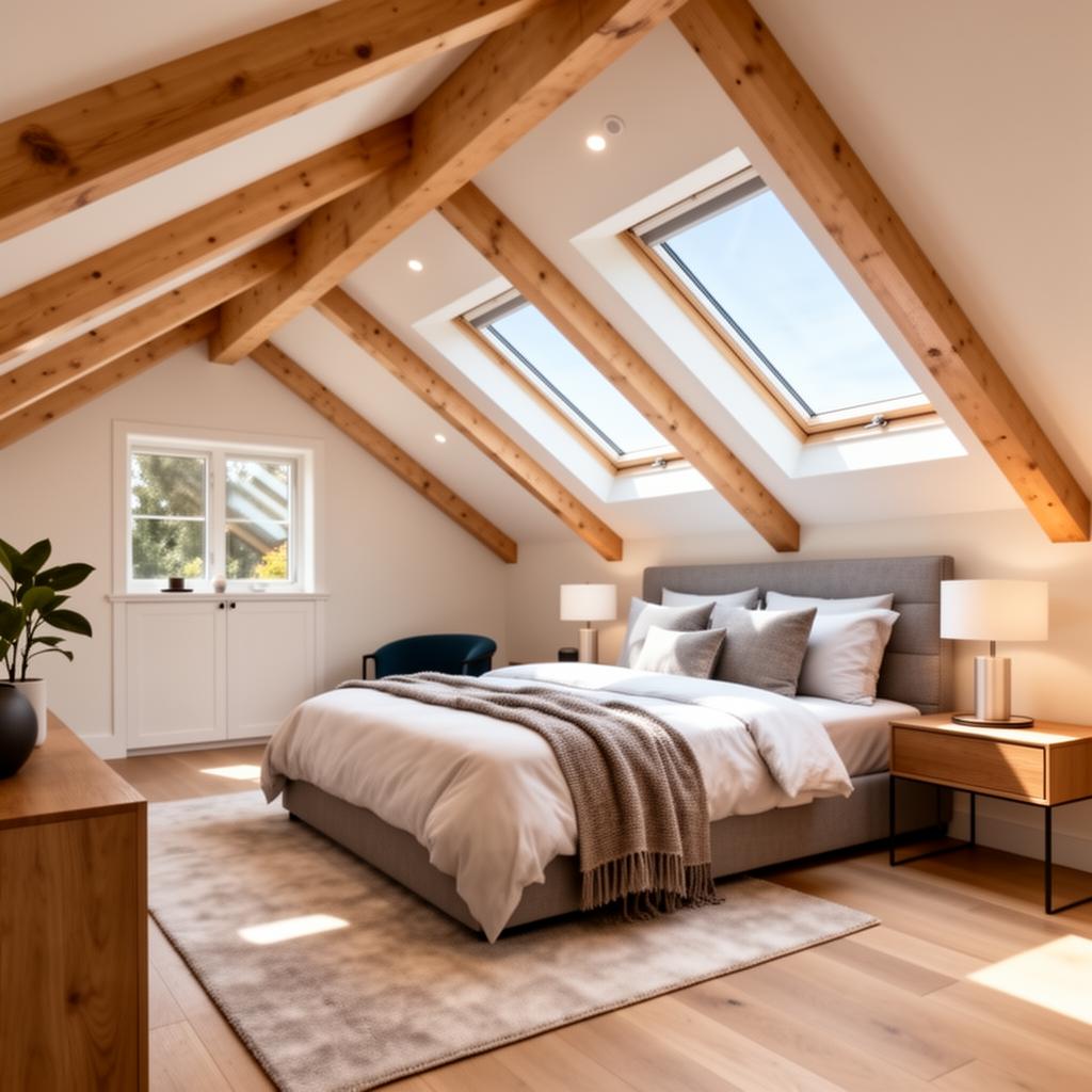 Beautifully remodeled modern attic bedroom with skylights